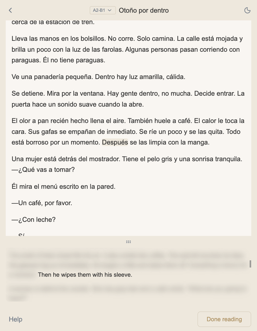 SplitRead Reader close-up — Spanish text with a highlighted word and small translation bubble