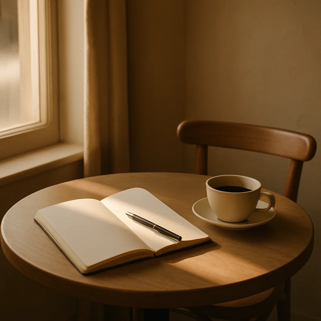 Warm-toned photo — a café table, open notebook, soft daylight